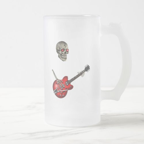 Skull Guitar Player Frosted Glass Beer Mug