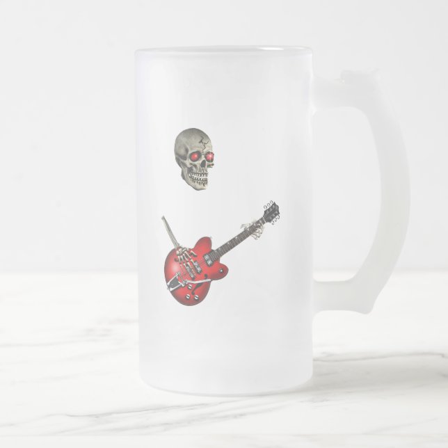 Skull Guitar Player Frosted Glass Beer Mug (Right)