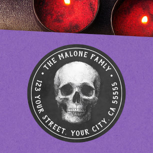 Skull Halloween black return address Classic Round Sticker