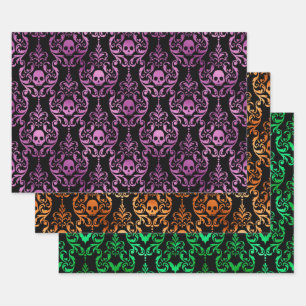 Skull Halloween Damask in Purple, Orange, Green Wrapping Paper Sheets