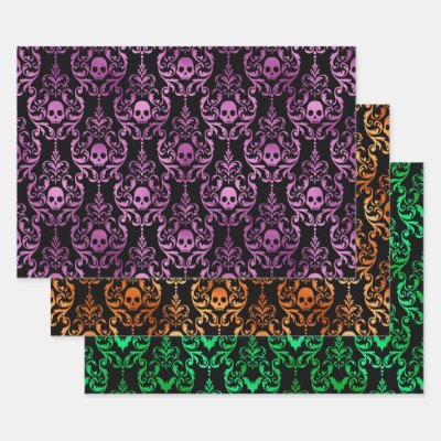 Skull Halloween Damask in Purple, Orange, Green Wrapping Paper Sheets
