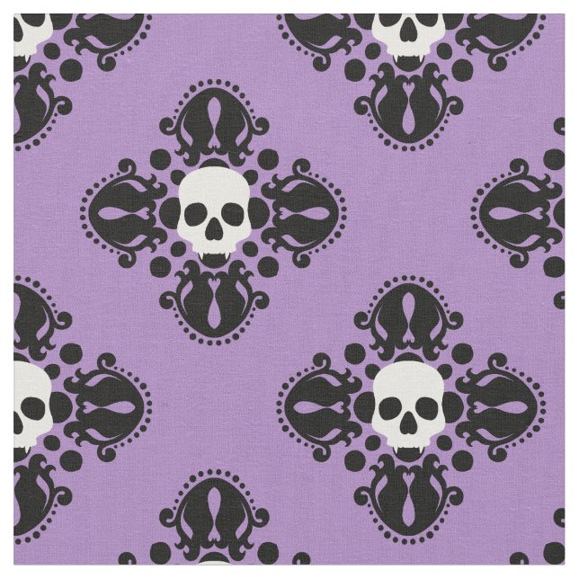 Skull Halloween damask on purple Fabric (Close Up)