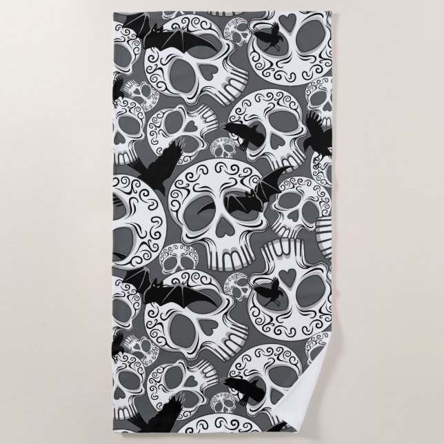 Skull Halloween Decorative Calaveras Beach Towel (Front)
