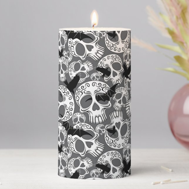 Skull Halloween Decorative Calaveras Pillar Candle (In Situ)