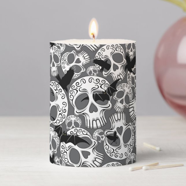 Skull Halloween Decorative Calaveras Pillar Candle (In Situ)