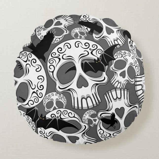 Skull Halloween Decorative Calaveras Round Pillow (Front)
