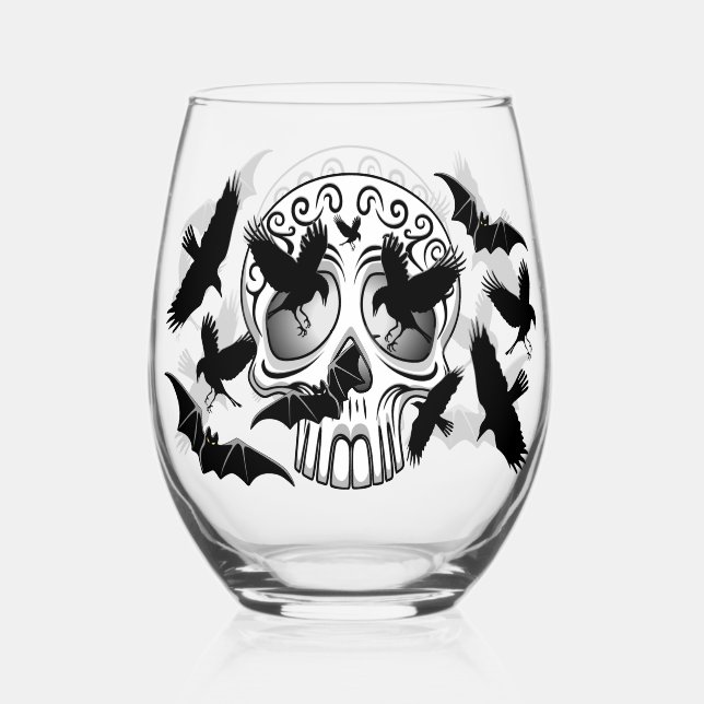 Skull Halloween Decorative Calaveras Stemless Wine Glass (Front)