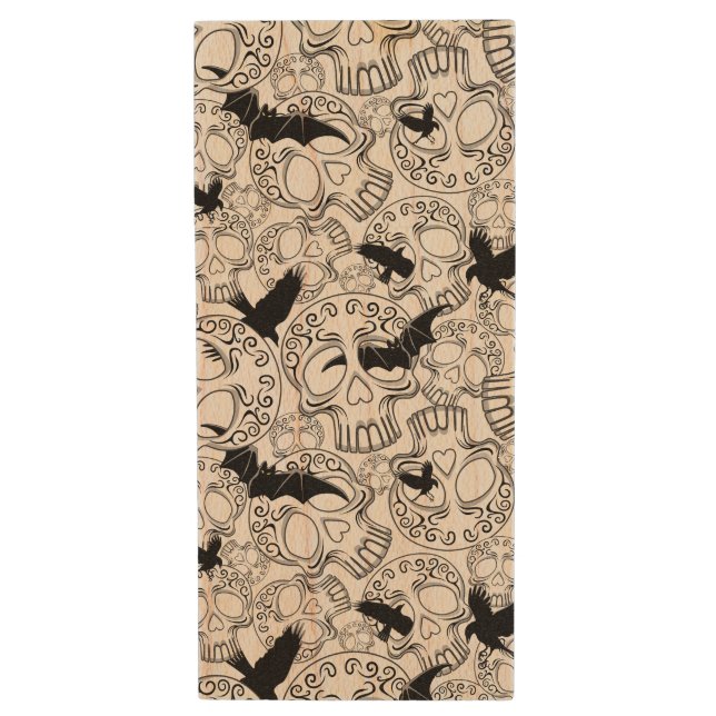 Skull Halloween Decorative Calaveras Wood Flash Drive (Front Vertical)