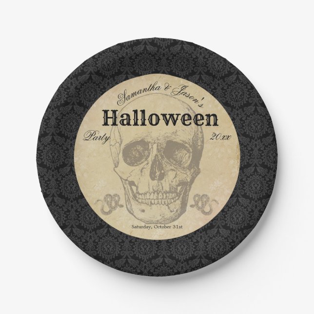 Skull Halloween Vintage Black Gothic Elegant Paper Plates (Front)