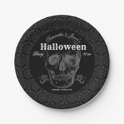 Skull Halloween Vintage Black White Gothic Paper Plates