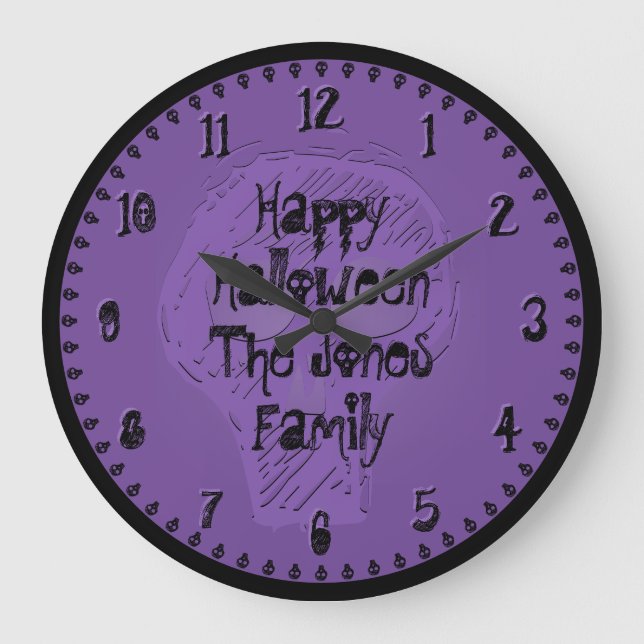 Skull Happy Halloween Spooky Lettering Purple Large Clock (Front)