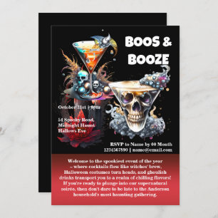 Skull happy hour spooky cocktails gothic floral invitation