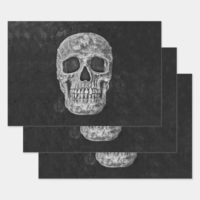 Skull Head Black And White Gothic Grunge Wrapping Paper Sheets (Set)