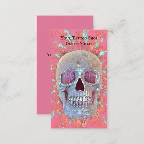 Skull Head Colorful Pink Green Tattoo Shop Business Card