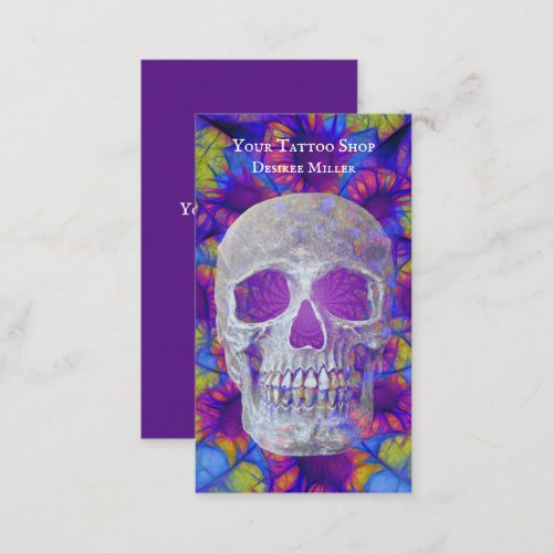 Skull Head Colorful Purple Sunflower Tattoo Shop Business Card