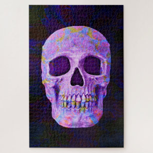 Skull Head Day Of The Dead Purple Blue Neon Gothic Jigsaw Puzzle