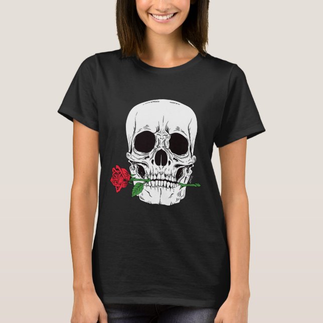 Skull Head Face Red Rose Rock N Roll Cool Skeleton T-Shirt (Front)
