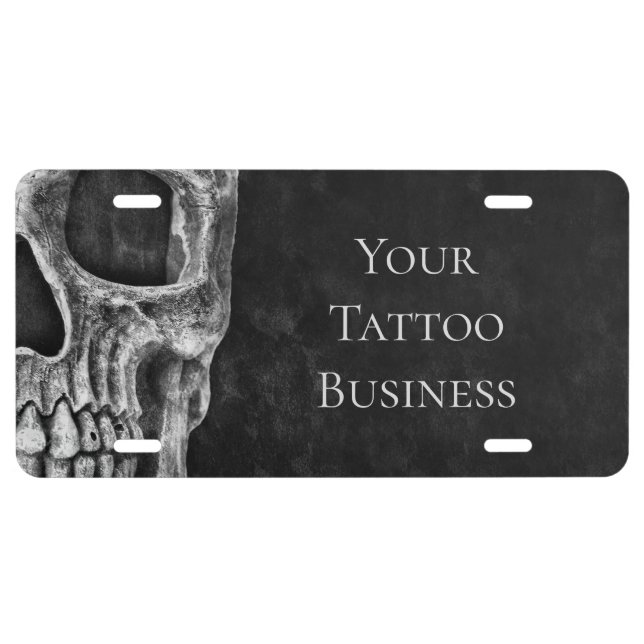 Skull Head Gothic Black And White Tattoo Shop License Plate (Front)