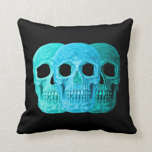 Skull Head Gothic Blue Teal Turquoise Black Art Throw Pillow