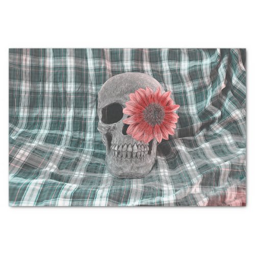 Skull Head Gothic Floral Sunflower Teal Plaid Tissue Paper