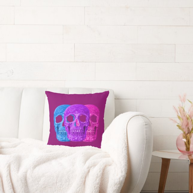Skull Head Gothic Girly Pink Purple Blue Pop Art Throw Pillow (Couch)