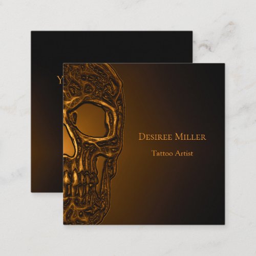 Skull Head Gothic Gold Metallic Tattoo Shop Square Business Card