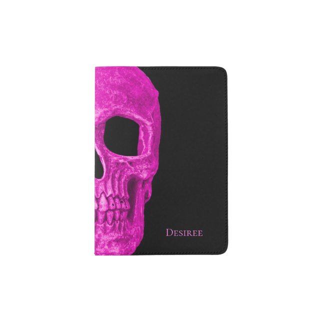 Skull Head Gothic Hot Pink Black Girly Passport Holder (Front)