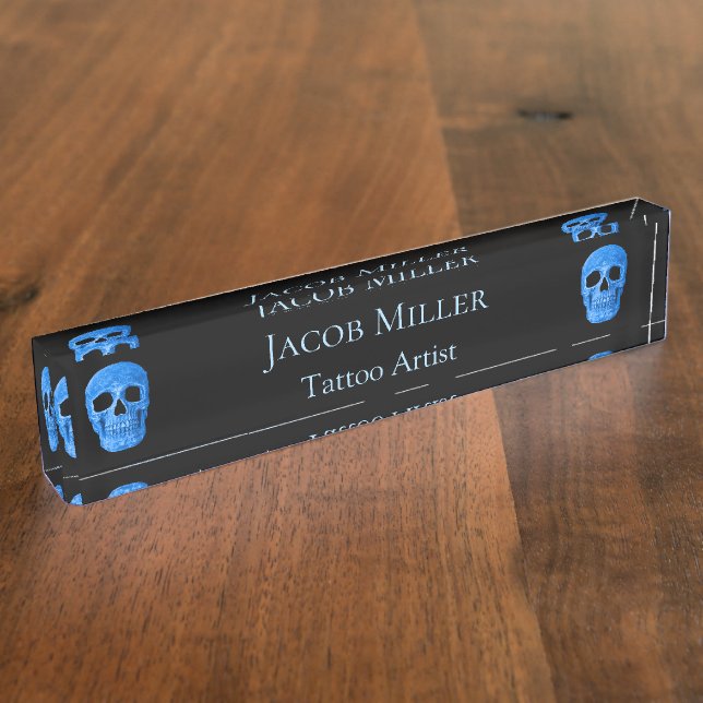 Skull Head Gothic Neon Blue Black Tattoo Shop Desk Name Plate (Side)