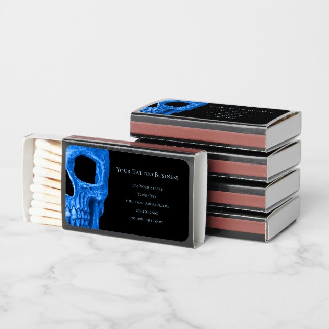 Skull Head Gothic Neon Blue Black Tattoo Shop Matchboxes (Stacked)
