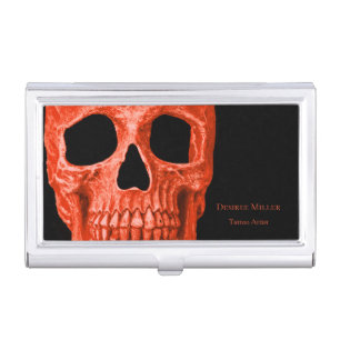 Skull Head Gothic Neon Orange Black Tattoo Shop Business Card Case