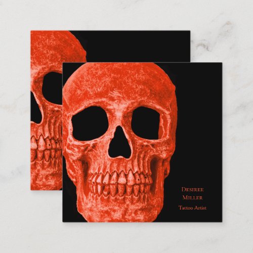 Skull Head Gothic Neon Orange Black Tattoo Shop Square Business Card