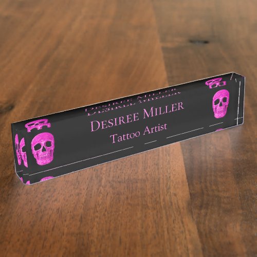 Skull Head Gothic Neon Pink Black Tattoo Shop Desk Name Plate