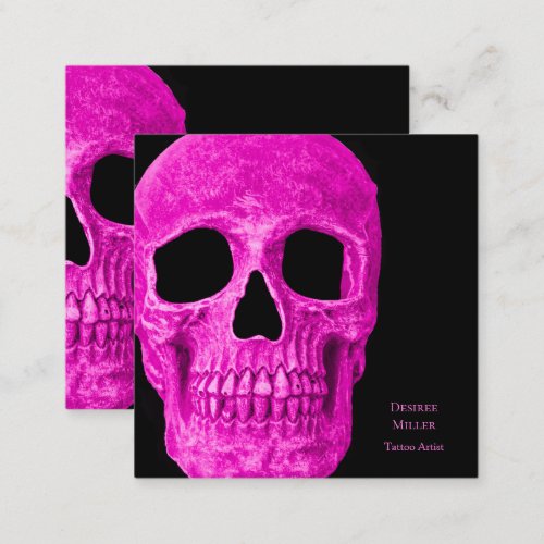 Skull Head Gothic Neon Pink Black Tattoo Shop Square Business Card