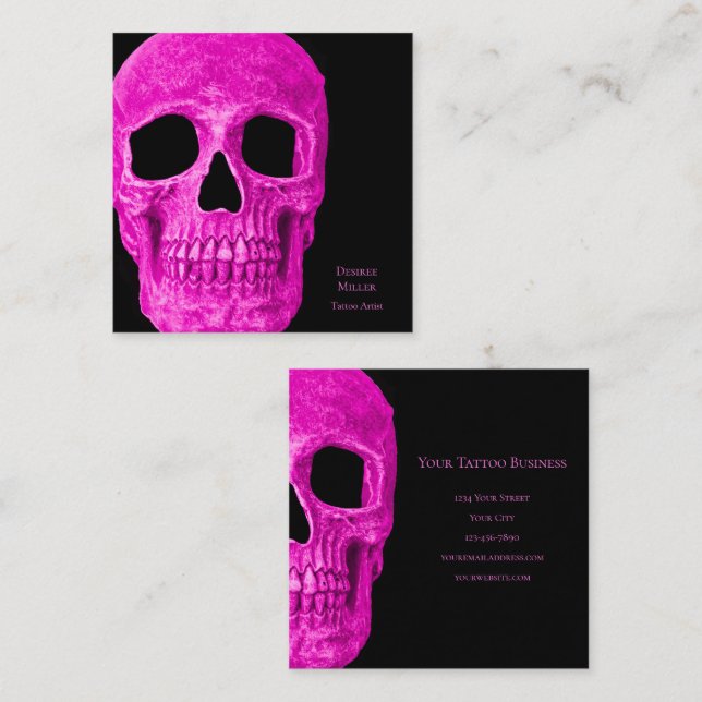 Skull Head Gothic Neon Pink Black Tattoo Shop Square Business Card (Front/Back)