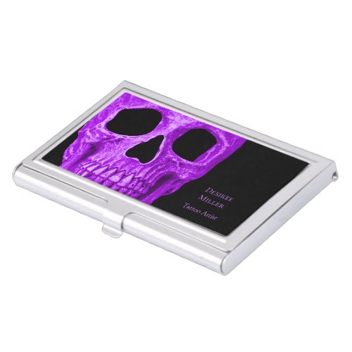 Skull Head Gothic Neon Purple Black Tattoo Shop Business Card Case