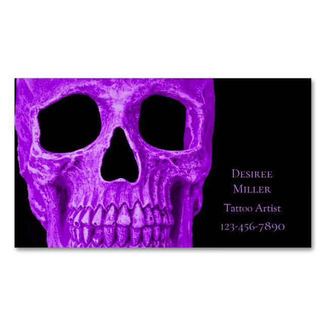 Skull Head Gothic Neon Purple Black Tattoo Shop Business Card Magnet (Front)
