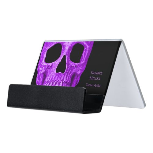 Skull Head Gothic Neon Purple Black Tattoo Shop Desk Business Card Holder