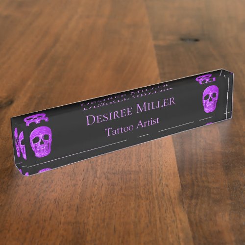Skull Head Gothic Neon Purple Black Tattoo Shop Desk Name Plate