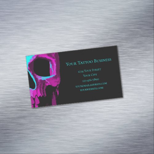 Skull Head Gothic Neon Purple Teal Black Design Business Card Magnet