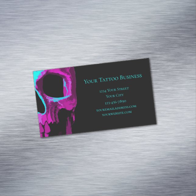 Skull Head Gothic Neon Purple Teal Black Design Business Card Magnet (In Situ)