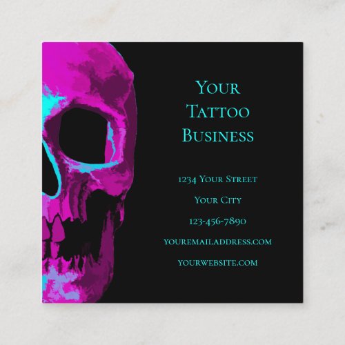 Skull Head Gothic Neon Purple Teal Black Design Square Business Card