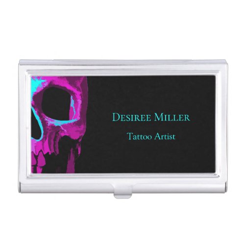 Skull Head Gothic Neon Purple Teal Black Tattoo Business Card Case