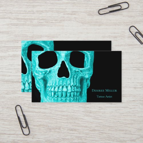 Skull Head Gothic Neon Teal Black Tattoo Shop Business Card