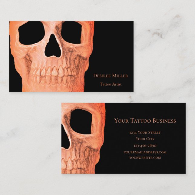 Skull Head Gothic Pastel Orange Black Tattoo Shop Business Card (Front/Back)