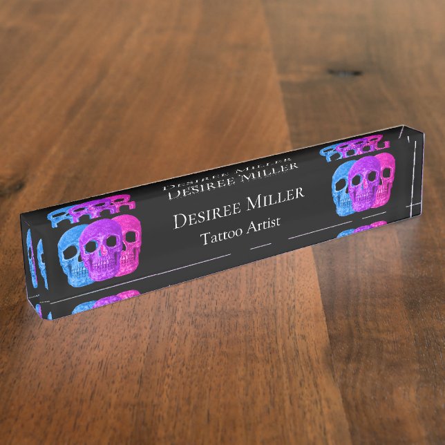 Skull Head Gothic Pink Blue Purple Black Pop Art Desk Name Plate (Side)
