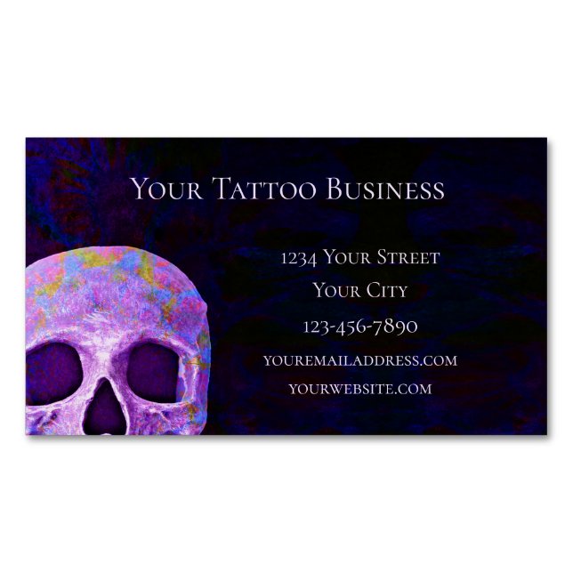 Skull Head Gothic Purple Blue Tattoo Shop Business Card Magnet (Front)