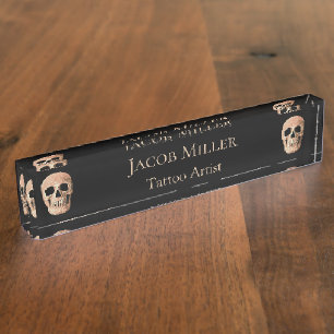 Skull Head Gothic Tan Brown Black Tattoo Shop Desk Name Plate