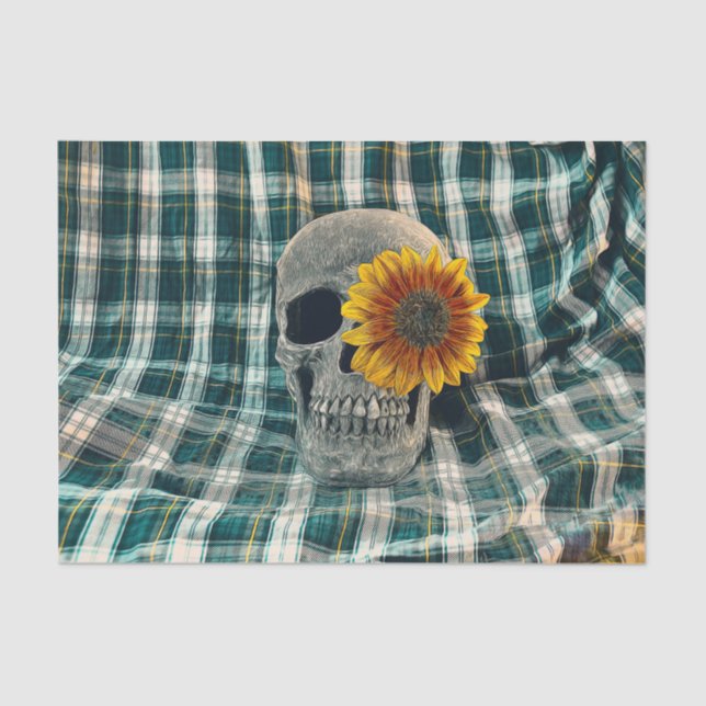 Skull Head Gothic Yellow Sunflower Teal Plaid Tissue Paper (Front)