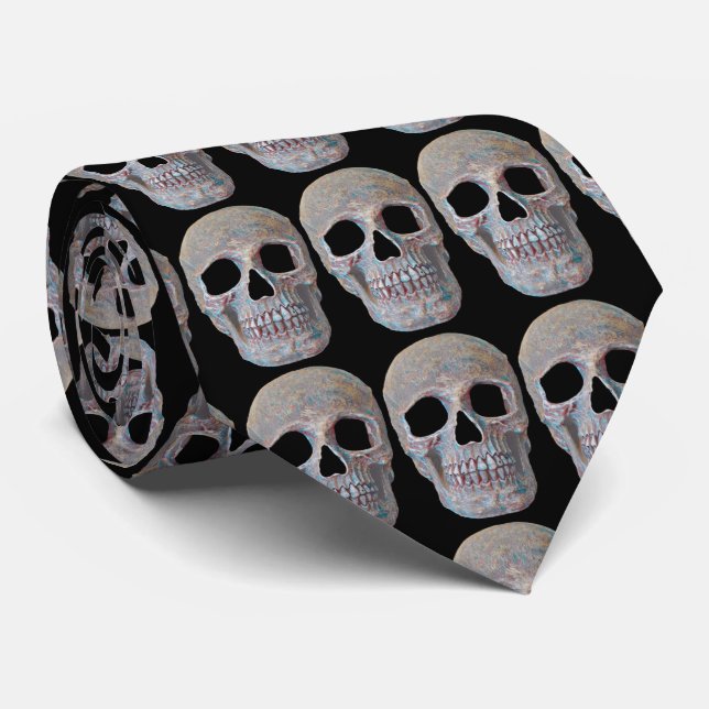 Skull Head Grey Black Gothic Cool Pattern Neck Tie (Rolled)