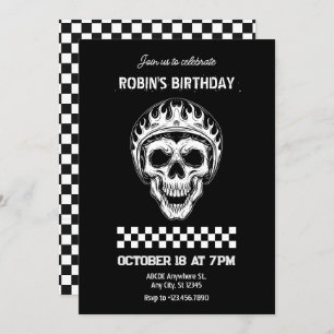 Skull head motorcycle rider birthday invitation